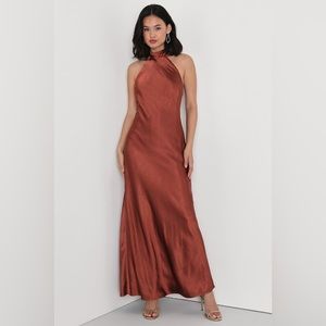 Love in Your Life Rust Brown Satin Halter Maxi Dress